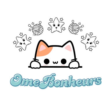 logo omebonheurs chat kawaii avec pelote de fil et crochet et étoile